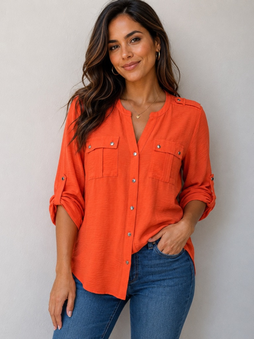 Calvin Klein xl Orange Roll-Tab Sleeve Button-Down Utility Blouse